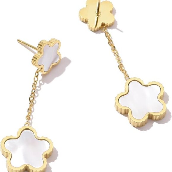 14K Gold Plated Natural Shell Clover Earrings - Picture 5 of 5